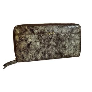 Lodis Large Wallet Metallic Snakeskin Embossed Leather Zippy Zip Around EUC‎